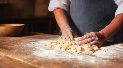 A chef skillfully kneads fresh pasta dough on a wooden table, surrounded by a rustic kitchen setting