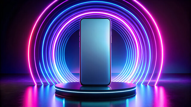 Sleek futuristic smartphone displayed on a glowing neon pedestal within a vibrant tunnel of swirling electric blue and pink light