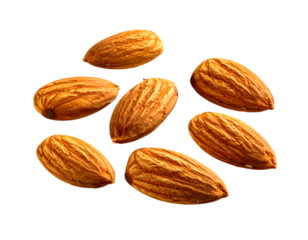 Almond Delight: Seven carefully arranged almonds, close-up, showcasing their natural texture and appealing form, a feast for the eyes and a testament to wholesome nutrition.
