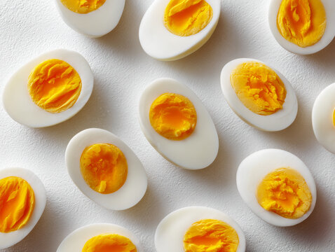 Sliced hard-boiled eggs arranged on a white surface