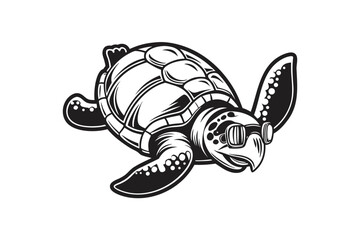 Sea Turtle with Glasses Vector, Isolated, Monochrome, Vintage Style on White Backdrop