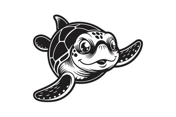 Smiling Sea Turtle Illustration, Black and White on White Background