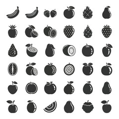 Collection of diverse fresh fruits silhouettes diverse assortment healthy food icons isolated on silhouette