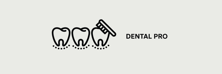 Three teeth with dots below and a toothbrush cleaning one, next to text that says dental pro in black
