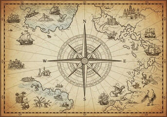 Obraz premium A vintage, antique-style map. A large, detailed compass rose is centrally positioned, with intricate lines and markings