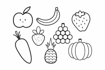 Fruit and Vegetable Line Art Vector Icons Set Black Outline Illustration