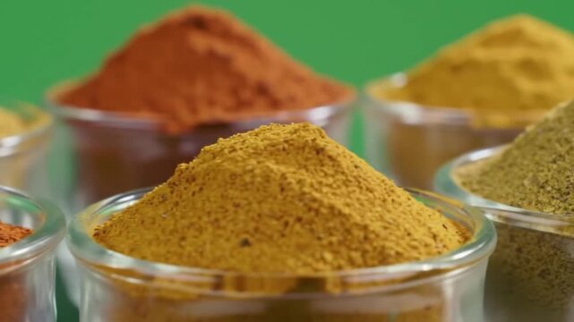 A close-up shot of various colorful spices, finely ground, presented in small glass bowls against a vibrant green backdrop, showcasing culinary diversity