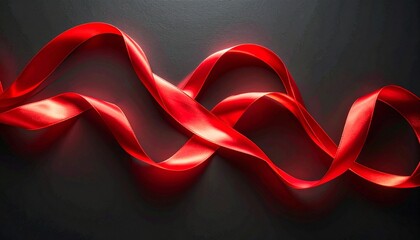 Intertwined glowing red ribbons on dark background, fluid motion and reflective texture.