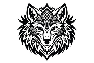 Stylized Wolf Head with Intricate Tribal Art on White Background