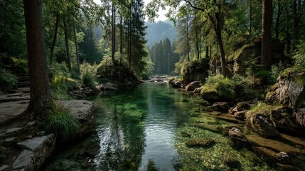 A clear stream flowing through a lush green forest with sunlight filtering through the trees