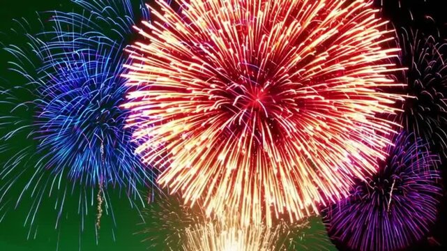 a vivid display of colourfull fireworks lights up a green screen, creating a perfect celebratory effect for creative video projects