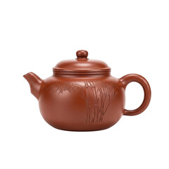 Antique chinese yixing clay teapot with intricate carvings isolated on transparent background
