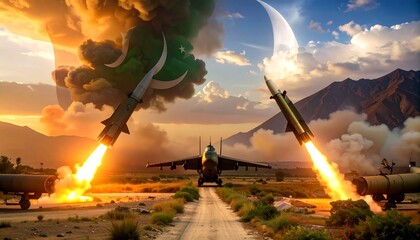 Dramatic missile launch with explosions and smoke, Pakistani flag in sky, symbolic power.