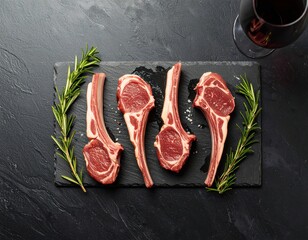 Raw lamb chops with rosemary and a glass of red wine on a dark slate board.