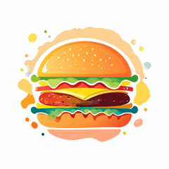 Colorful Juicy Burger Illustration with Watercolor Spots