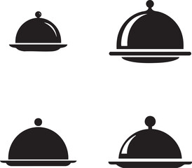 Fototapeta premium Four simple black silhouettes of covered serving dishes or cloches on white background representing food service or dining silhouette