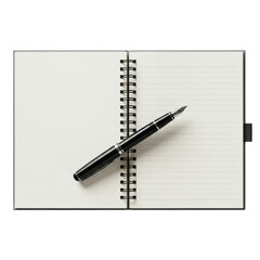 Black pen resting on an open spiral notebook isolated on transparent background