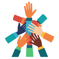 Diverse hands uniting in teamwork, collaboration and community support, showcasing unity, global partnership, and inclusive cooperation with vibrant colors in modern style