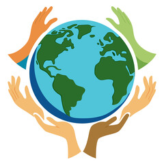 Diverse hands gently cradle the vibrant Earth, symbolizing global unity, care, and a shared future for humanity and our planet.