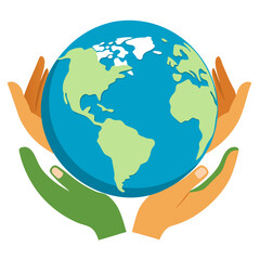 Four diverse hands gently cradle the vibrant blue and green planet Earth, symbolizing global unity, environmental care, and international cooperation for a sustainable future.