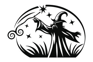 Wizard Silhouette Art with Staff and Stars on White Background Design