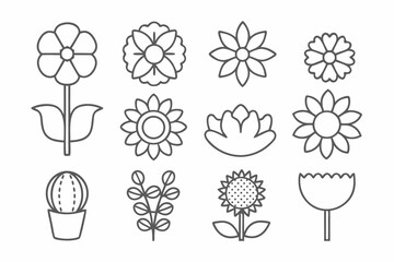 Flower and Plant Line Art Icons Set  Minimalist Botanical Vector Illustration