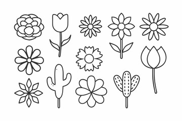 Flower and Plant Line Art Icons Set  Minimalist Botanical Vector Illustration