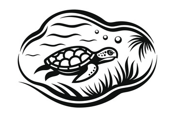 Sea Turtle with Water Bubbles and Aquatic Plants on White Background