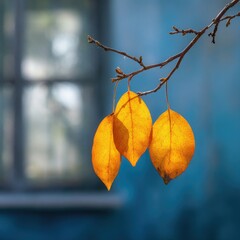 Obraz premium Three sunlit, golden-yellow leaves clinging to a bare branch against a blurred teal building backdrop