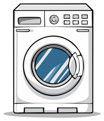 Cartoon illustration of a modern white washing machine with a blue-tinted door