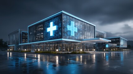 Modern hospital at dusk with blue cross lights and wet ground used for healthcare