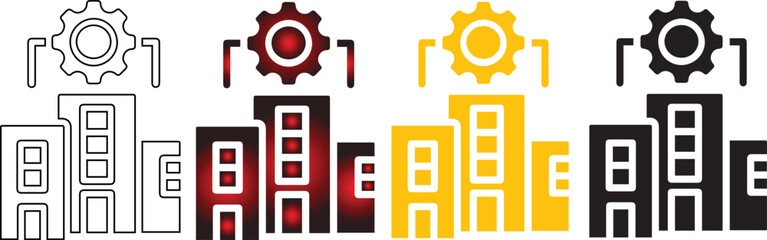 Fototapeta premium Four sets of building and gear icons in black white red and yellow building icon industry icon