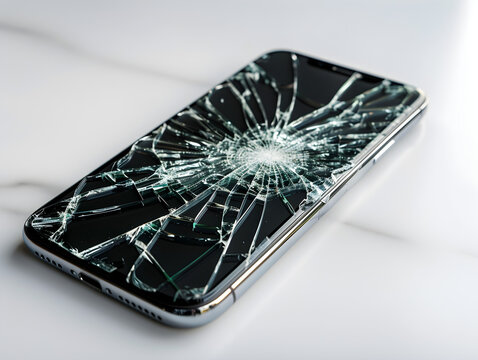 High resolution high clarity image of Broken smartphone screen damage repair cracked glass mobile phone display isolated on transparent background, clear highlights and product ready surfaces, studio