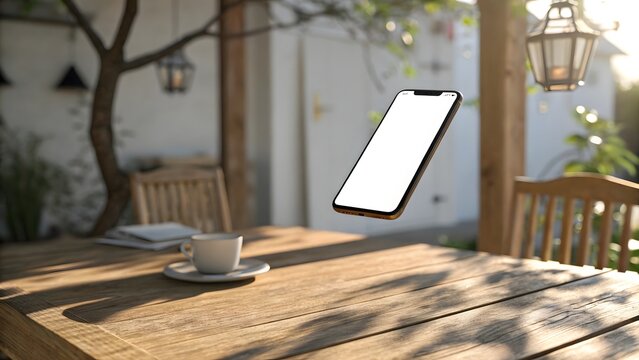 A minimal, modern smart phone on a white stand with a clean, bright backdrop