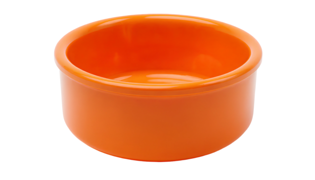 Bright Orange Plastic Dog Bowl – Round Glossy Pet Food and Water Dish Isolated Transparent Background - Powered by Adobe