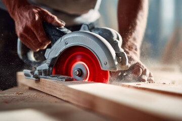 Craftsman using a circular saw to cut wood in a workshop