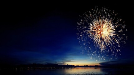 Vibrant fireworks light up the night sky during a festive celebration, colorful bursts reflected on calm water below,