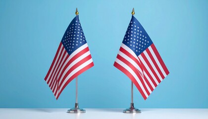 Two miniature U.S. flags on silver stands against light blue background.