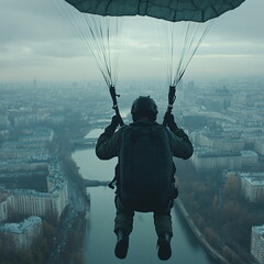 Naklejka premium Secret agent parachuting over a cityscape at twilight with a sense of mysterious urgency