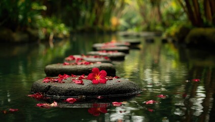 Serene stone path through a tranquil water garden.  Petals drift