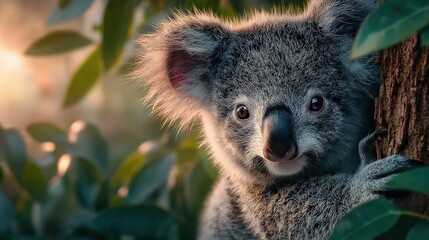 Fototapeta premium Closeup portrait of a cute, fluffy koala bear resting on a eucalyptus tree branch amidst green foliage, bathed in warm sunlight