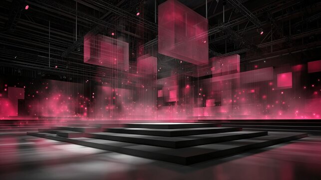 Futuristic stage with glowing pink cubes modern exhibition booth technology event dramatic lighting abstract background immersive atmosphere digital showcase creative design