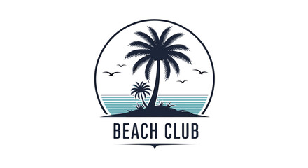 Beach club emblem featuring palm trees birds and ocean waves inside a circle shape design vector graphic