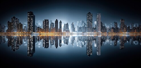 Fototapeta premium City skyline reflected in still water at night.