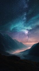 Fototapeta premium Mountain valley starry night, milky way above. Landscape for travel, astronomy use