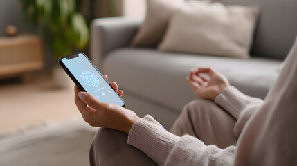 Digital Mental Health Apps: A person using a mental health app on their smartphone for guided meditation or mood tracking.