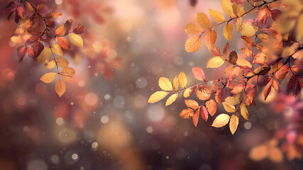 Golden and red autumn leaves with soft bokeh light