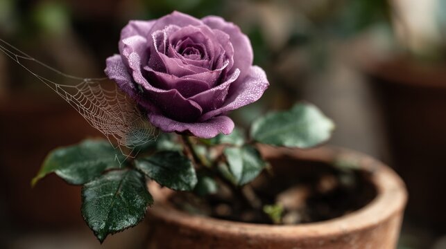Close-up of a purple rose in a terracotta pot