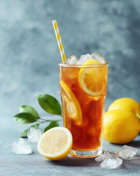Refreshing iced tea with lemon slices and ice cubes in tall glass