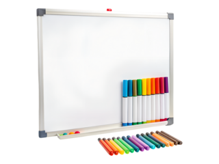 Whiteboard with colorful markers isolated on transparent background for presentation
